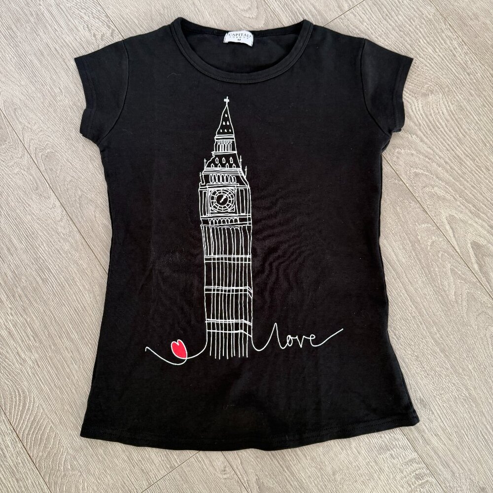 Capital London Big Ben Graphic Tee | Size M | Black Short Sleeve Top